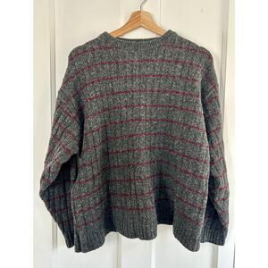 90s Vintage Lambswool Sweater Women’s L | Striped Gray Burgundy Wool Pullover